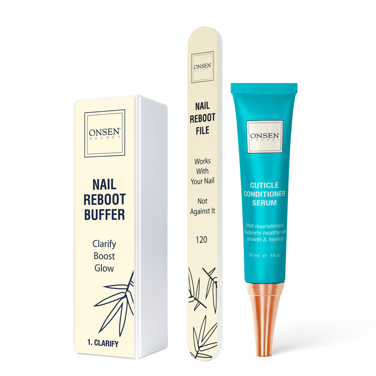 Onsen Secret Cuticle Cream Bundle, Double Sided Nail File 120/180 Grit