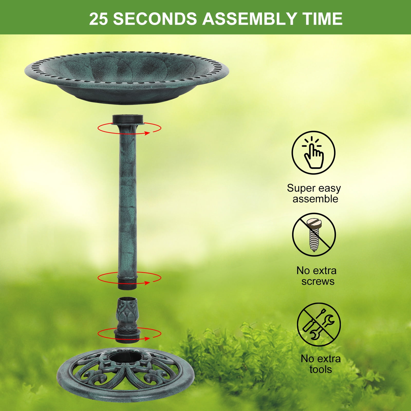 VINGLI Bird Bath with Solar Fountain 28 Inch Antique Green Resin Pedestal Birdbaths Vintage Garden Decor