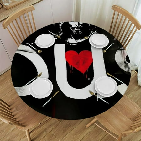 

BCIIG Jesus Heart Tattoo Round Table Cover Stain Resistant Washable Indoor Outdoor Tablecloth Kitchen Dining Wedding Parties 100% Polyester Fiber 38-42