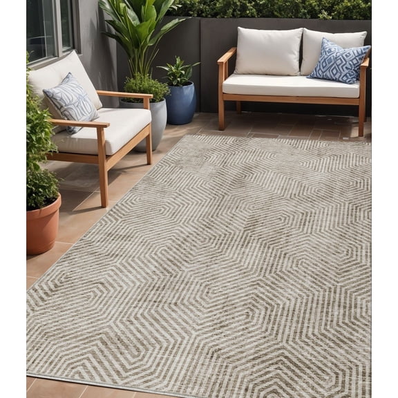 5' X 8' Taupe And Beige Geometric Washable Indoor Outdoor Area Rug