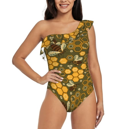Coaee Bees and Honeycombs Women s One Piece Swimsuits One Shoulder Swimwear Asymmetric Ruffle Monokinis Bathing Suits - X-Large