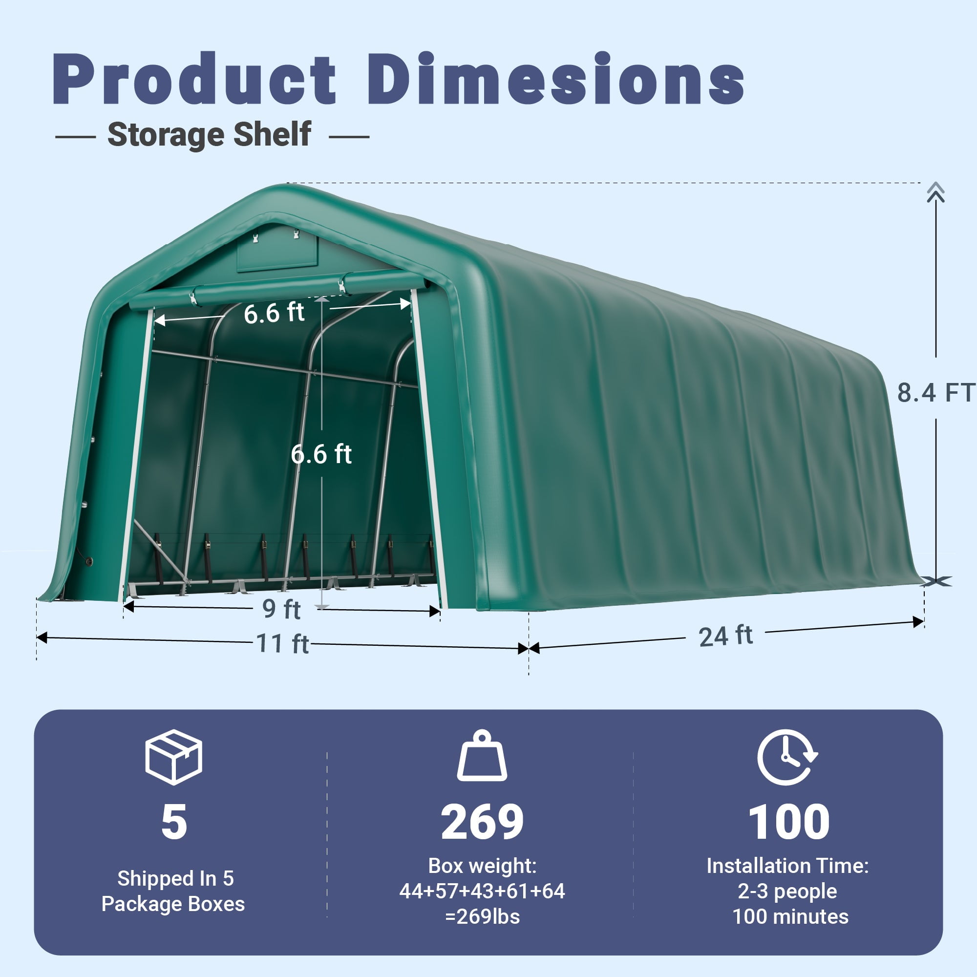 Summit Living 11 x 24 x 8.4 FT Green All-Weather Outdoor Portable Storage Shed, Steel Peak Style Canopy Carport, Agricultural Storage Shelter Tent