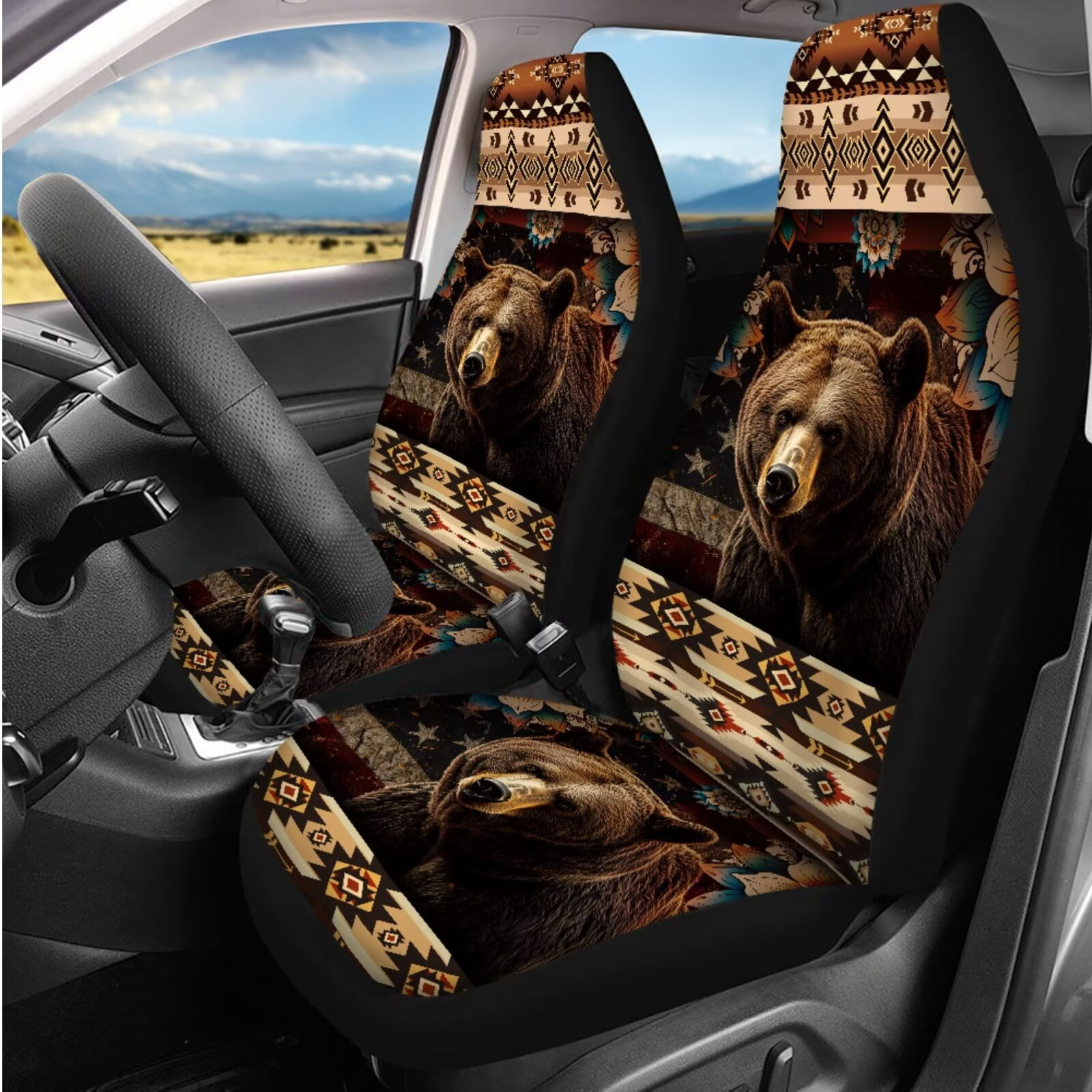 Garronmavis Aztec Bear 14 Pack Car Seat Covers Set with Car Headrest Protector Steering Wheel Cover Auto Armrest Cover Seat Belt Pads Keychain and Coaster Compatible with Most Cars,SUV