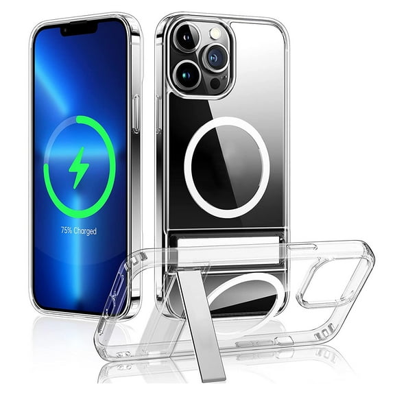 Magnetic Metal Kickstand Clear Case, TeqHome Designed for iPhone 13, [Compatible with Magsafe] [Anti-Yellowing] [3 Ways Stand], Shockproof Case for iPhone 13, Crystal Clear