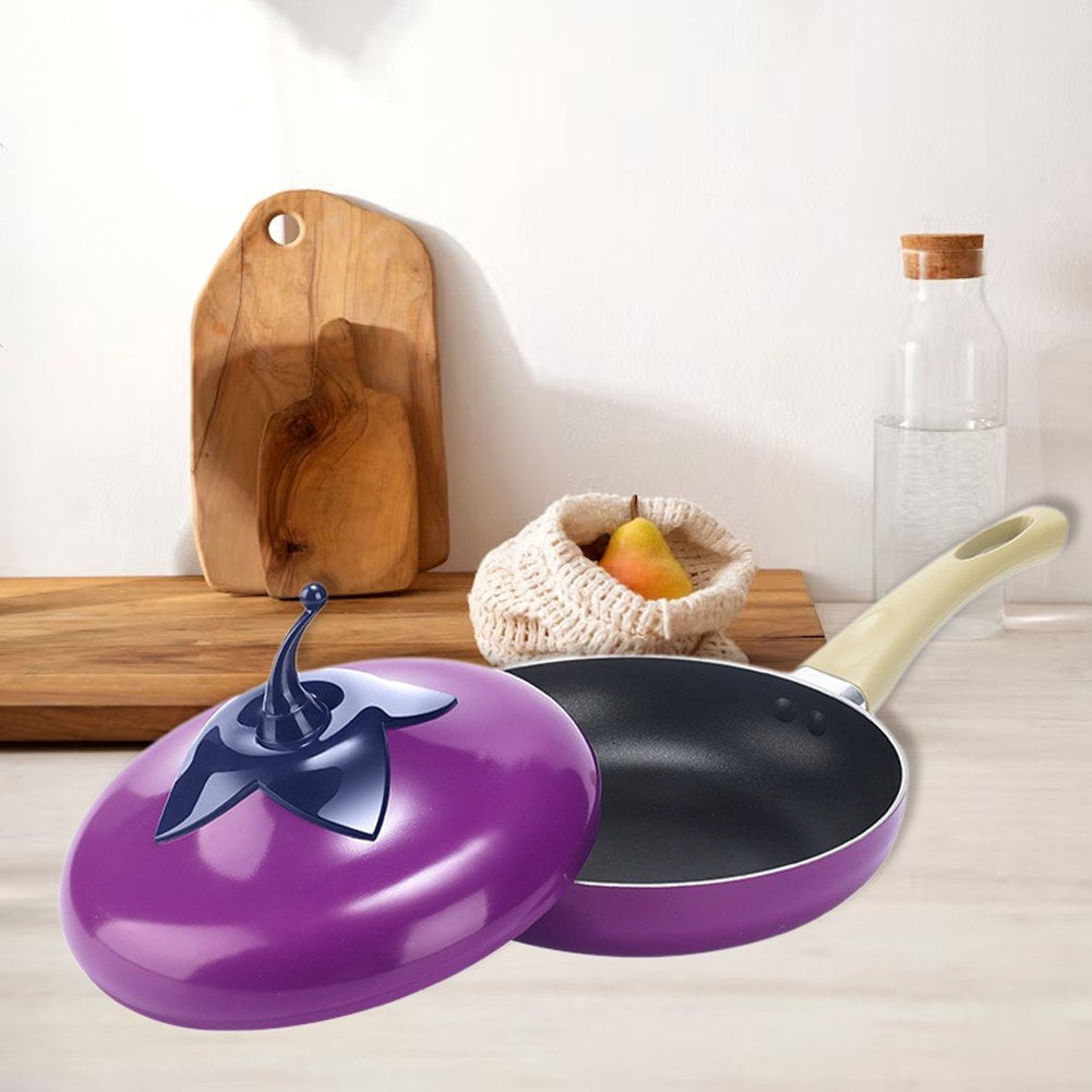 Jiibva 1Pc Purple Eggplant Shape Non Stick Skillet Frying Pan with Lid for Home Induction Cooker