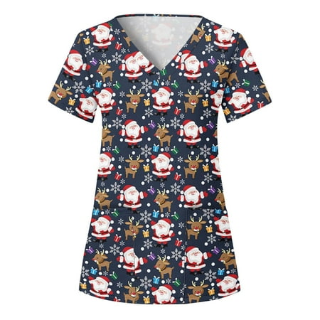 

PEONAVET Merry Christmas Womens Nursing Scrub Tops Working Uniform Short Sleeve V-Neck Workwear Blouse T-shirt with Pockets Gifts for Women