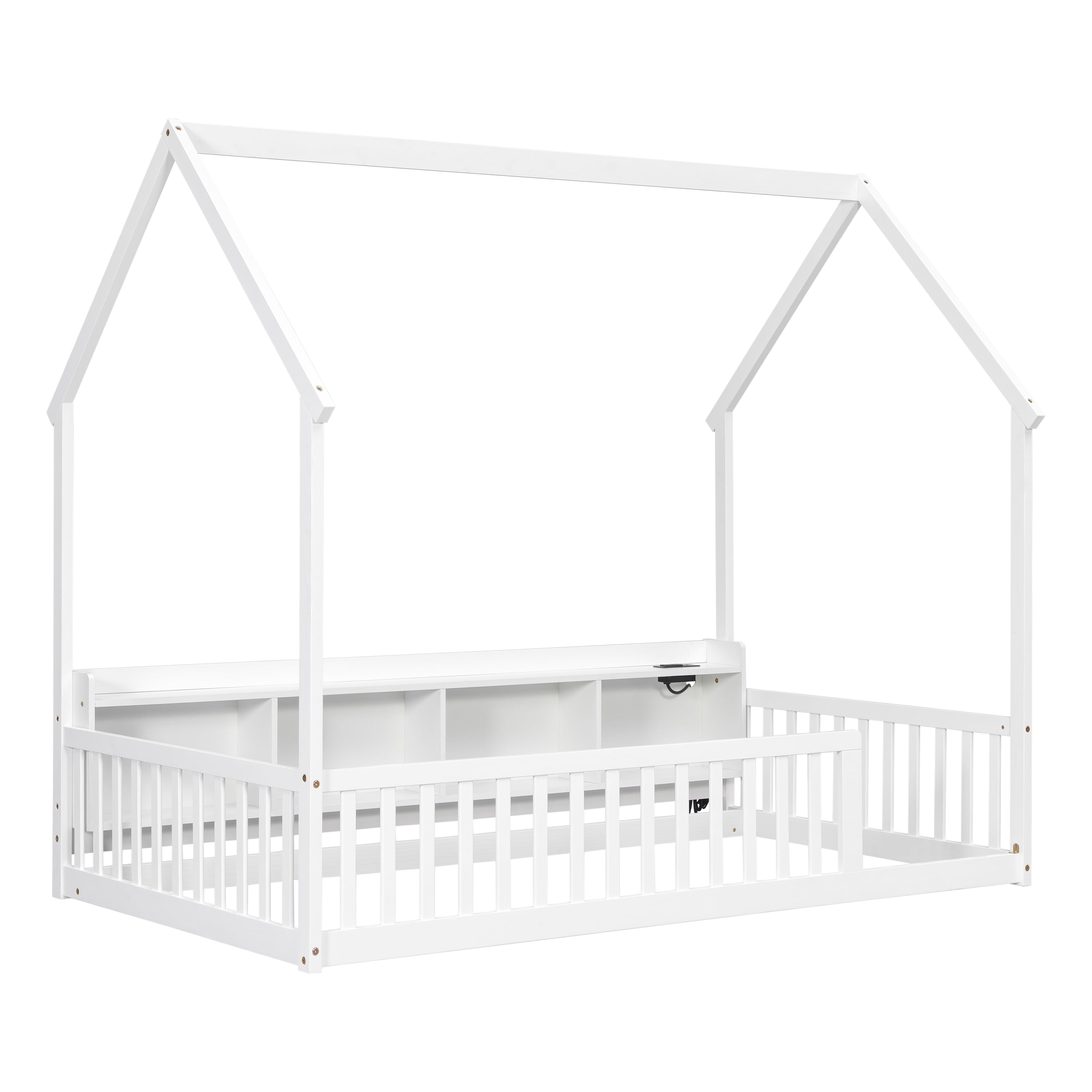 Floor Bed with House Design and Storage Shelves, Twin Pine Wood Platform Bed and Charging Station Bed Frame with LED Lights and Guardrails, White