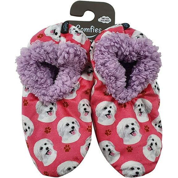Comfies Womens Maltese Dog Slippers - Sherpa Lined Animal Print Booties