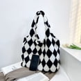 thumbnail image 2 of Bolsa de hombro con estampado de rombos de felpa retro para mujer de mano de color Hit (Negro) Likrtyny Para Estrenar, 2 of 9