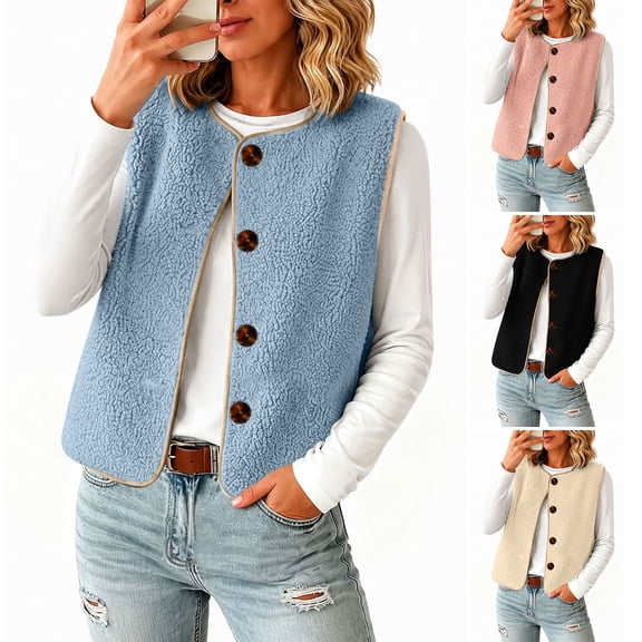 Hilenly Women's Fleece Vest Sleeveless Sherpa Jacket Button Down Fuzzy Warm Outerwear Vests