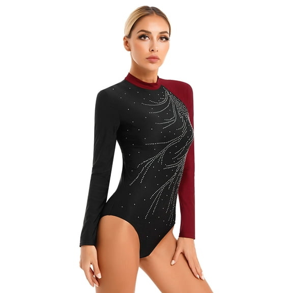 inlzdz Women Shiny Rhinestone Gymnastics Ballet Leotard Figure Skating Dance Bodysuit Long Sleeve Catsuit Ballerina Burgundy XL