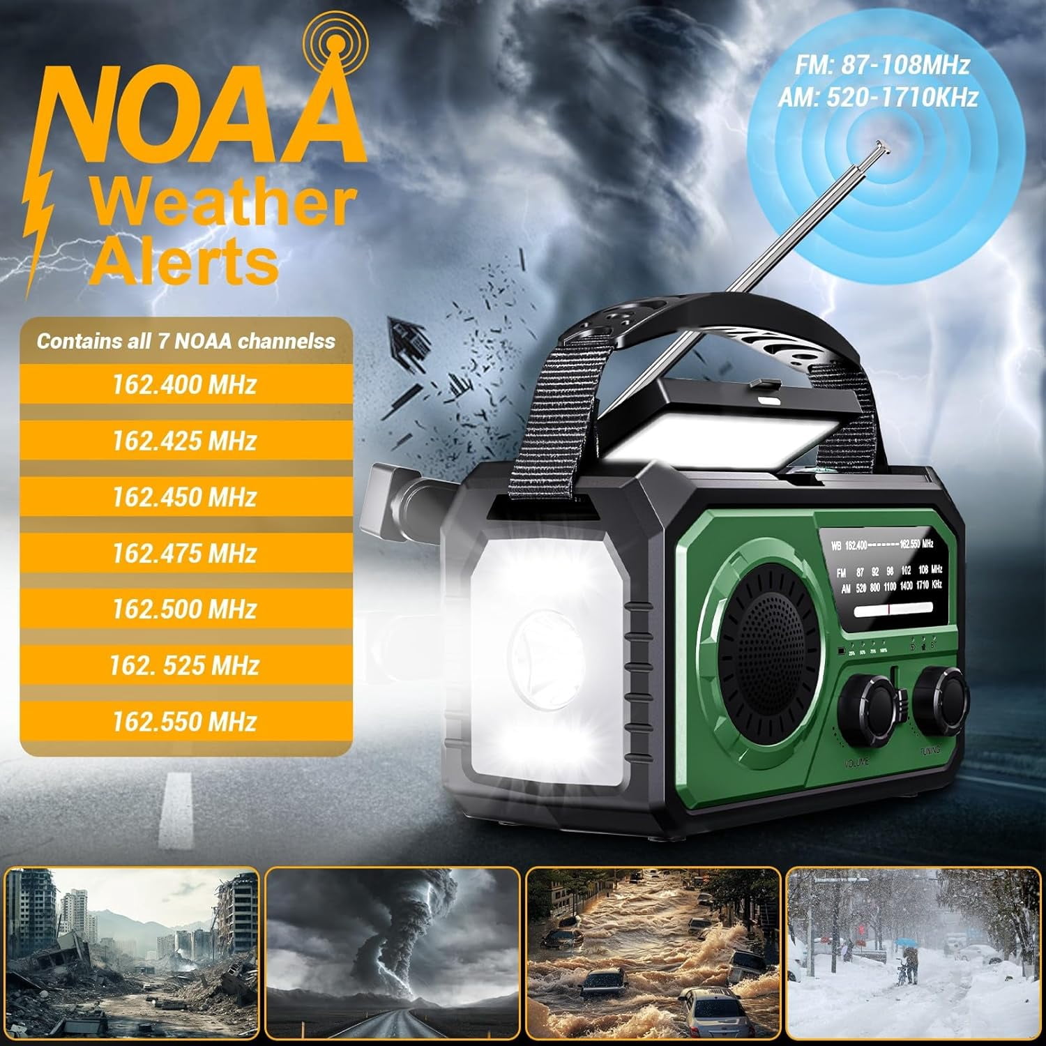 16000mAh Weather Radio, DOMNIU AM/FM/NOAA Weather Alert Radio, Hand Crank/Solar Emergency Radio, Type-C Charging Radios with Reading Lamp, SOS Alarm, Flashlight, Power Bank(Army Green)