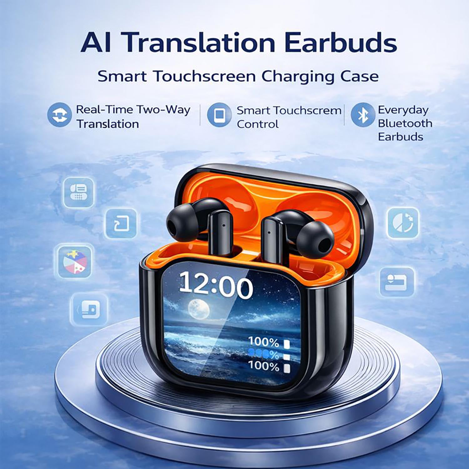 AI Translation Earbuds with Smart Touchscreen Case, Real-Time Two-Way Language Translator, Bluetooth Wireless Earbuds with Free App, No Subscription, for Travel & Daily Use