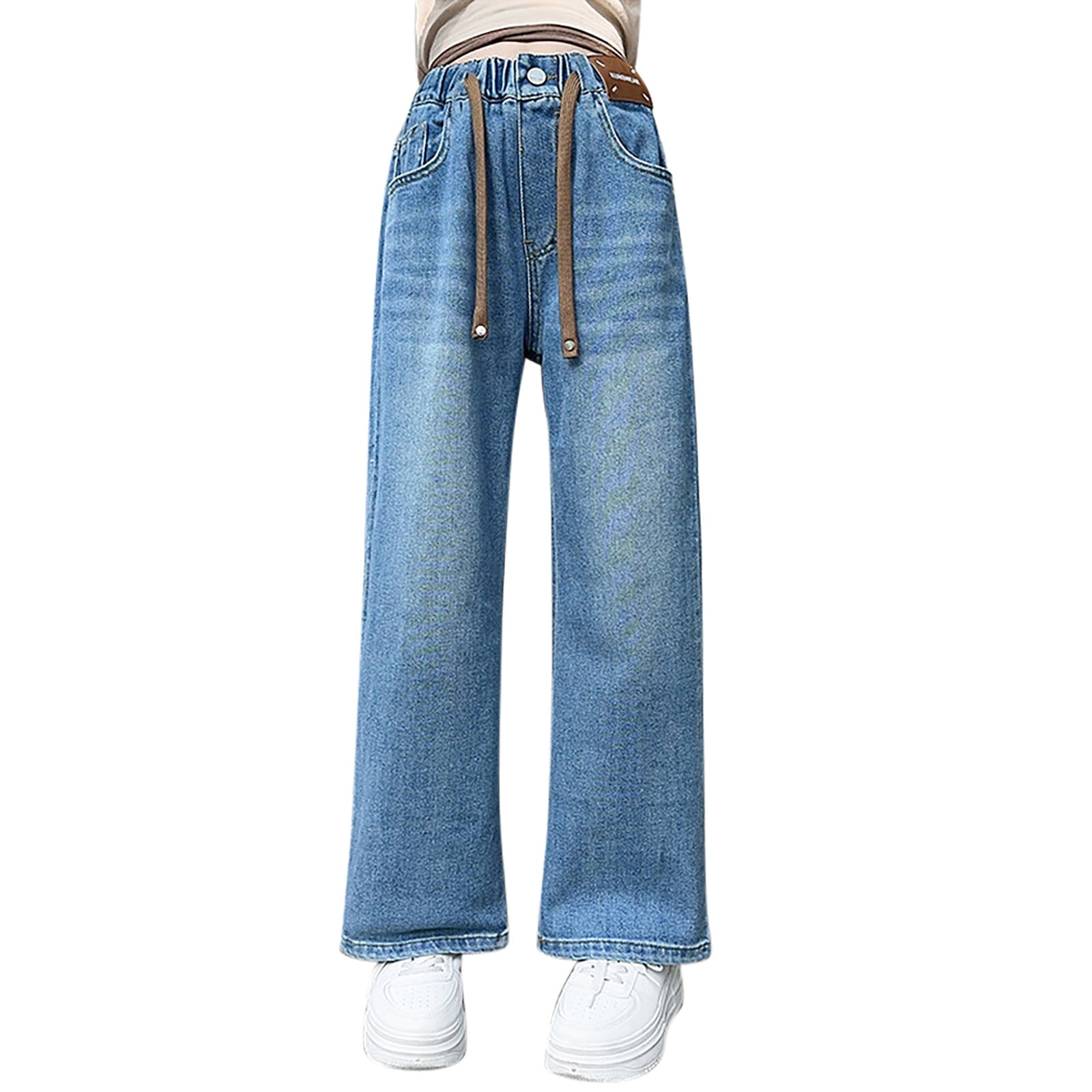 Jeans droits vintage indigo pour adolescentes, avec taille élastique et