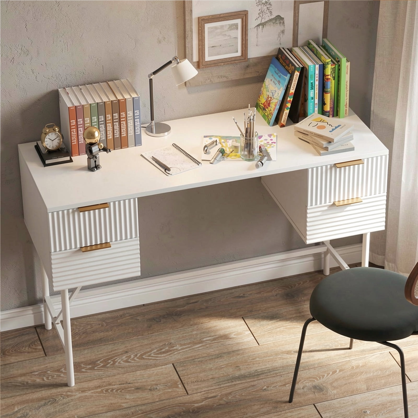 Furnibear 48 Inch Home Office Computer Desk with 4 Storage Drawers Powder-Coated Metal Frame Engineered Wood Top White