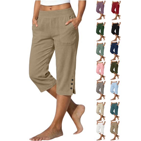 Summer Pants for Women Cotton Linen Solid Color Loose Straight Leg Pants with Pockets Side Slit Buttons Cropped Pants S-5XL