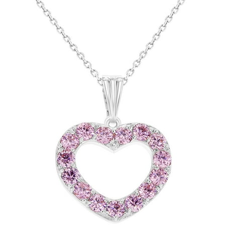 Rhodium Plated Love CZ Pink Heart Necklace Pendant Girls Kids 16