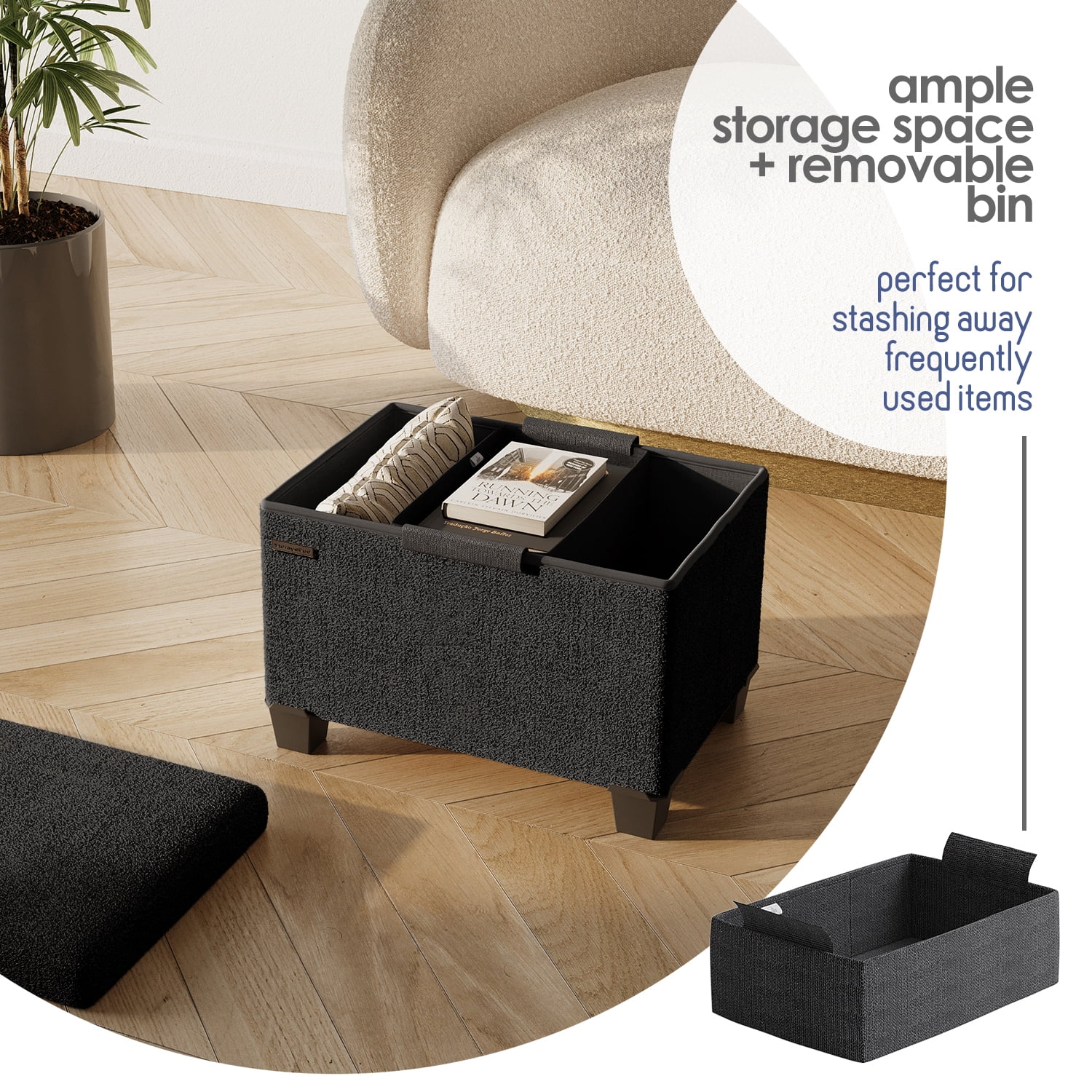 Hearth & Harbor Storage Ottoman Bench, Boucle 16" Ottoman with Storage , Black