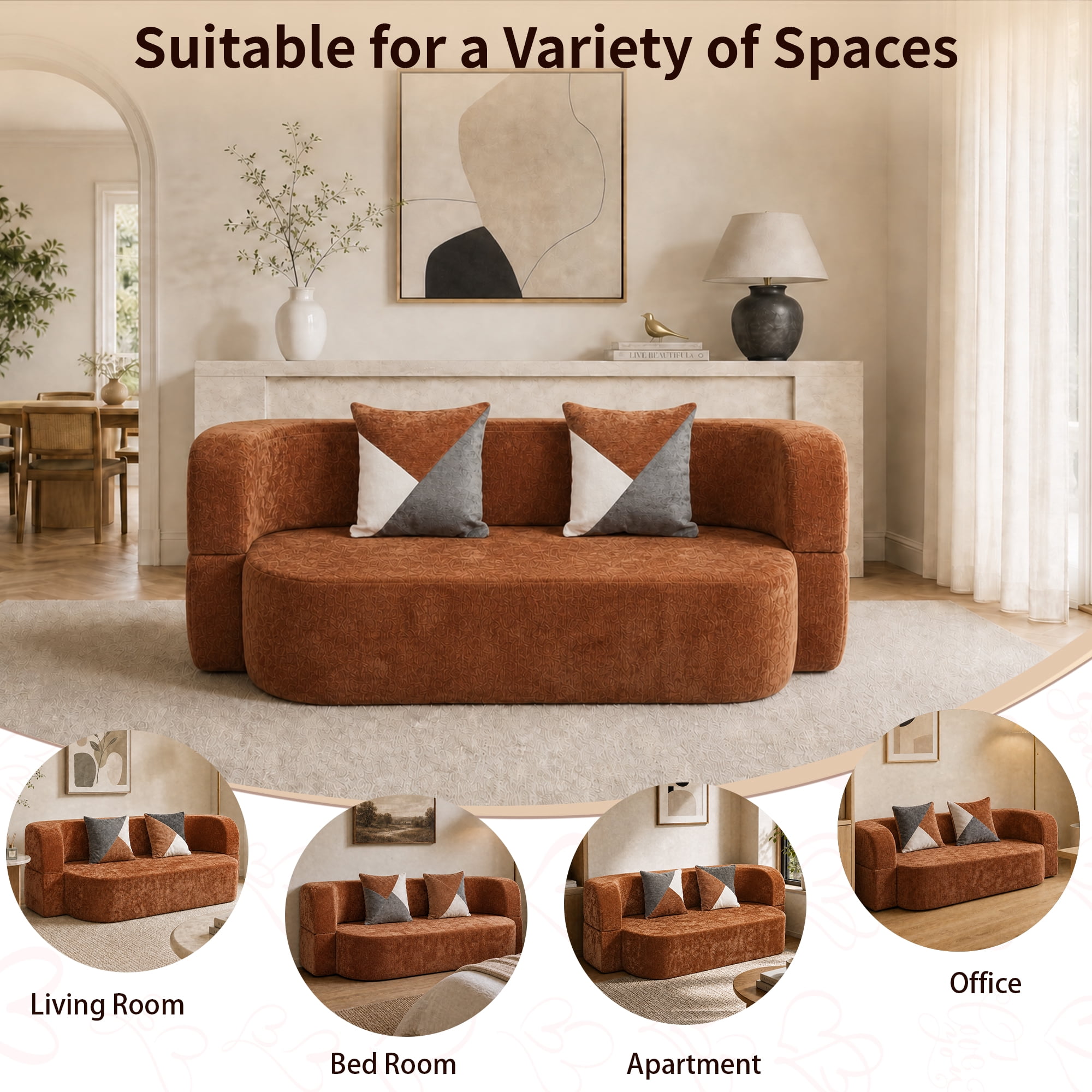78.74"W Eggshell Convertible Sofa,Floor Couch,Sleeper Sofa Bed,No Assembly High-Density Sponge Loveseat with 2 Pillows for Living Room, Apartment,Small Spaces,Cognac Brown