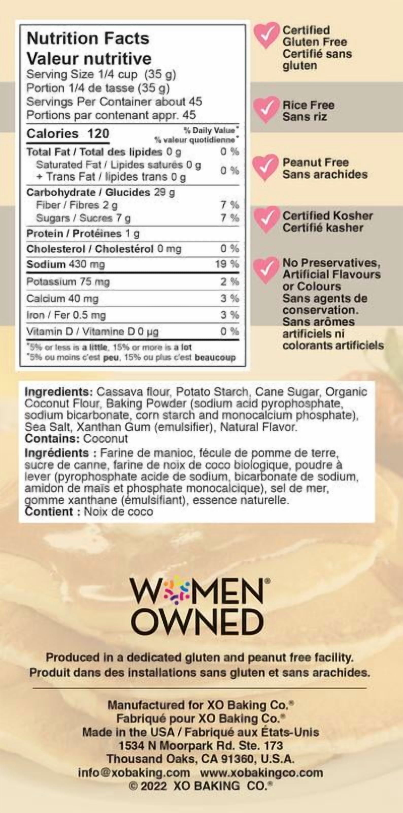 XO Baking Co. Gluten Free Gourmet Pancake & Waffle Mix; Non-GMO; Kosher; Rice Free; Peanut Free; Soy Free; Dairy Free; No Preservatives; No Artificial Flavors or Colors, 3.5lbs