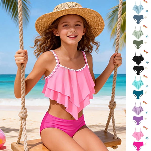 RTKFRFLM Girls 2-Piece Ruffle Bikini Set Layered Flounce Bathing Suit with Adjustable Straps for Kids Summer Beach Wear