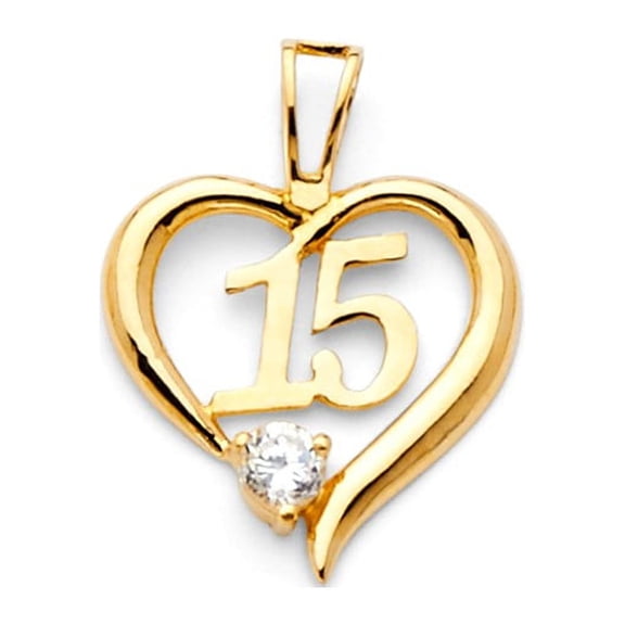 14k Yellow Italian Gold CZ Quinceañera Heart Charm Pendant 15mm