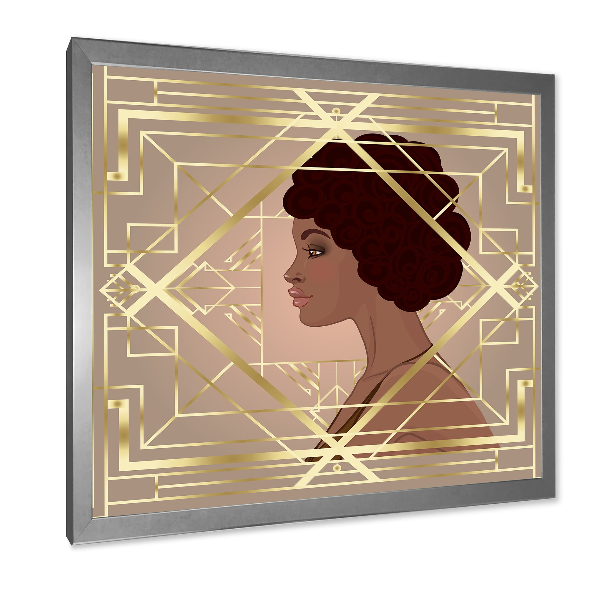 Designart 'Retro Girl In Golden Art Deco Geometrics II' Modern Framed Art Print
