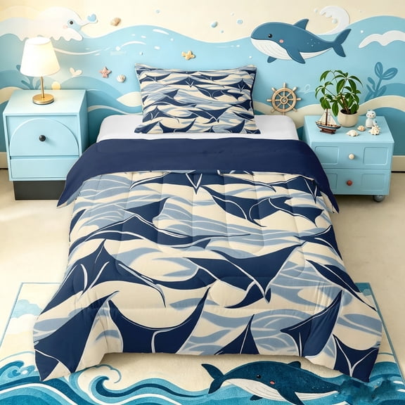Manfei Abstract Manta Ray Twin Comforter Sets, Ocean Wave Bedding Set, Cream Navy, Blue Reversible, 2 Pieces, 1 Comforter and 1 Pillowcase