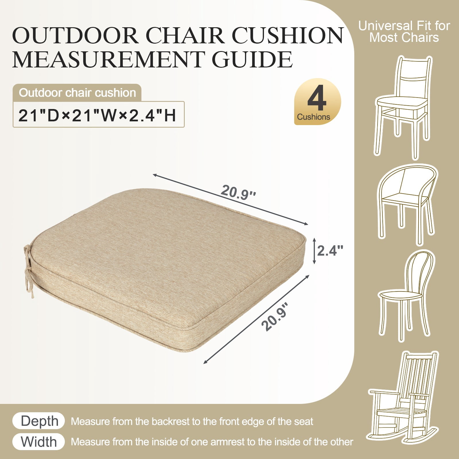 BPS 21" x 21" Outdoor Dining Chair Cushion, Water Resistant Patio Seat Cushion Pads with Ties, Set of 4 - Brown