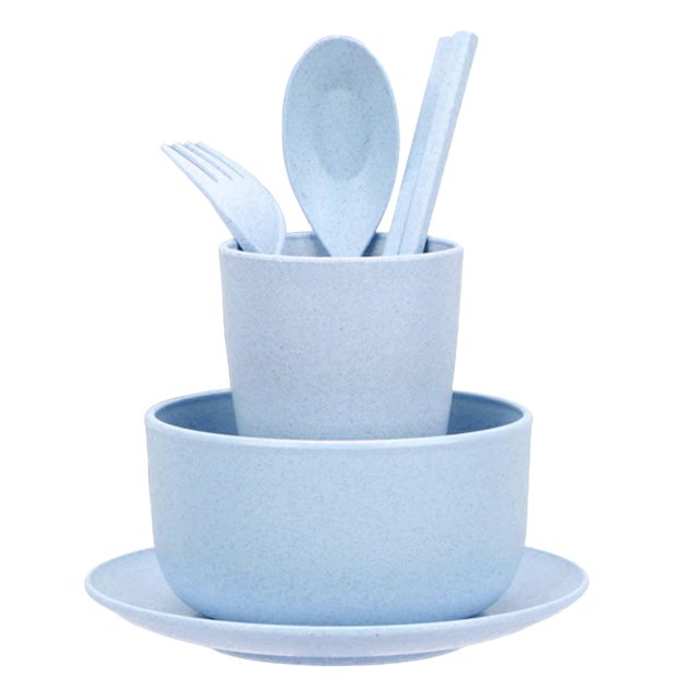 Juego de vajilla de paja de trigo de 6 piezas, palillos, tazas y cubiertos livianos. Azul