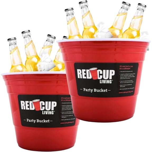 Reusable Red Plastic Ice Bucket for Parties, Large Beverage Tub, Set of 2