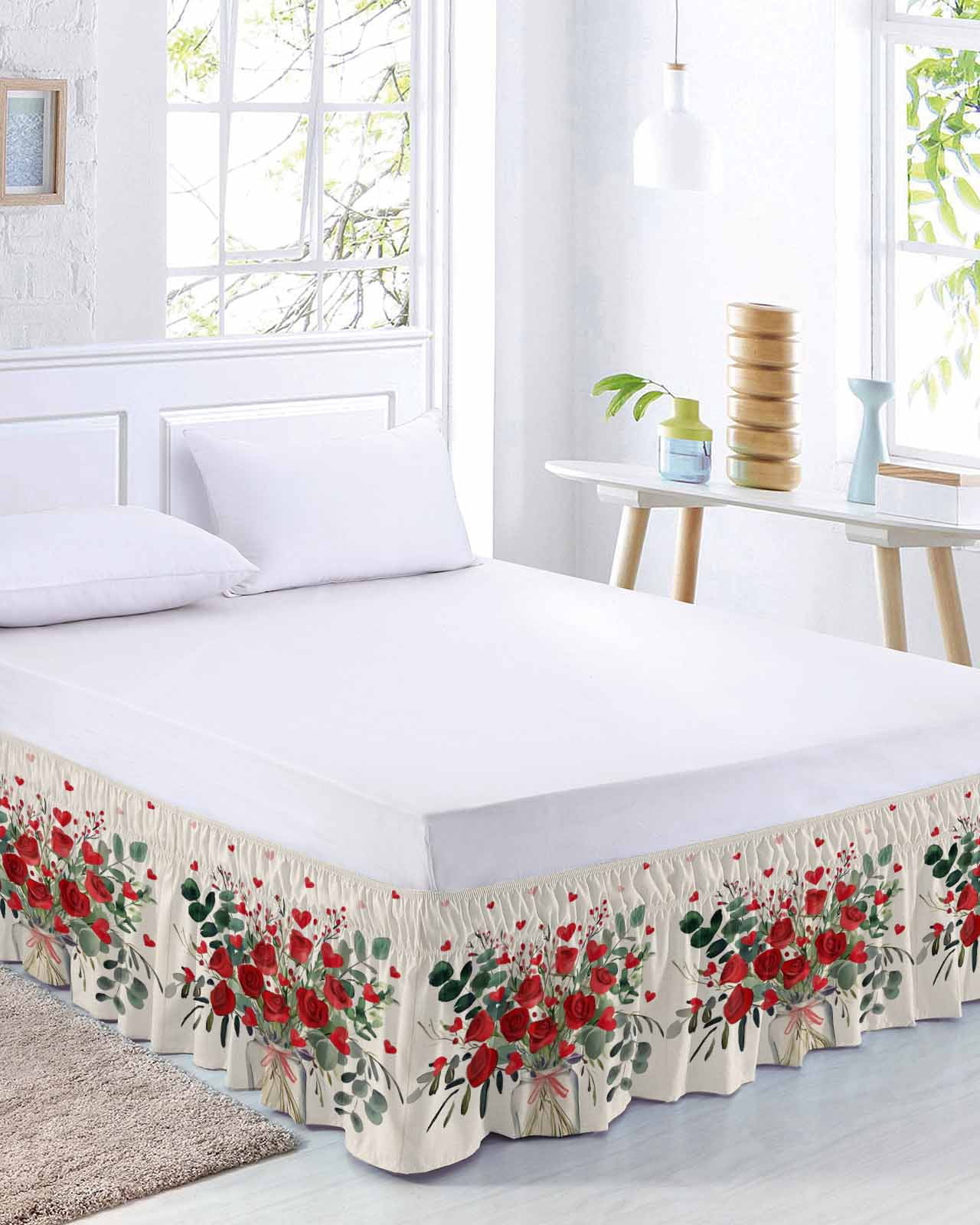Red Rose Bed Skirt Queen Size 18 Inch Drop, Eucalyptus Leaf Floral Linen Texture Adjustable Elastic Dust Ruffles Bedskirt for Queen Bed Wrap Around Pleated Mattress Frame Cover