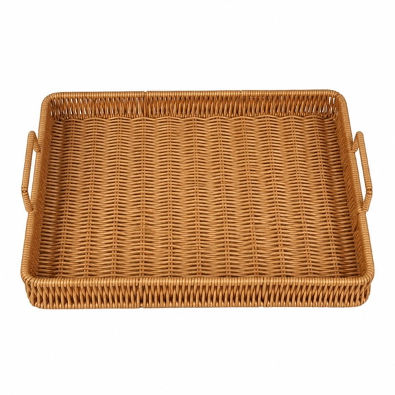 Rattan Serving Tray with Handles 14.96in x 11.42in x 1.57in, Woven Poly Wicker Basket Tray for Coffee Table Decor, Bread Fruit Snacks - Aemutady