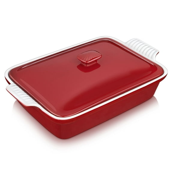 vancasso Blossom Glaze Casserole Dish with Lid, Stoneware Heritage Covered Rectangular Casserole, 2.8 Quart Ceramic Casserole Pan for Bakeware Oven, Red