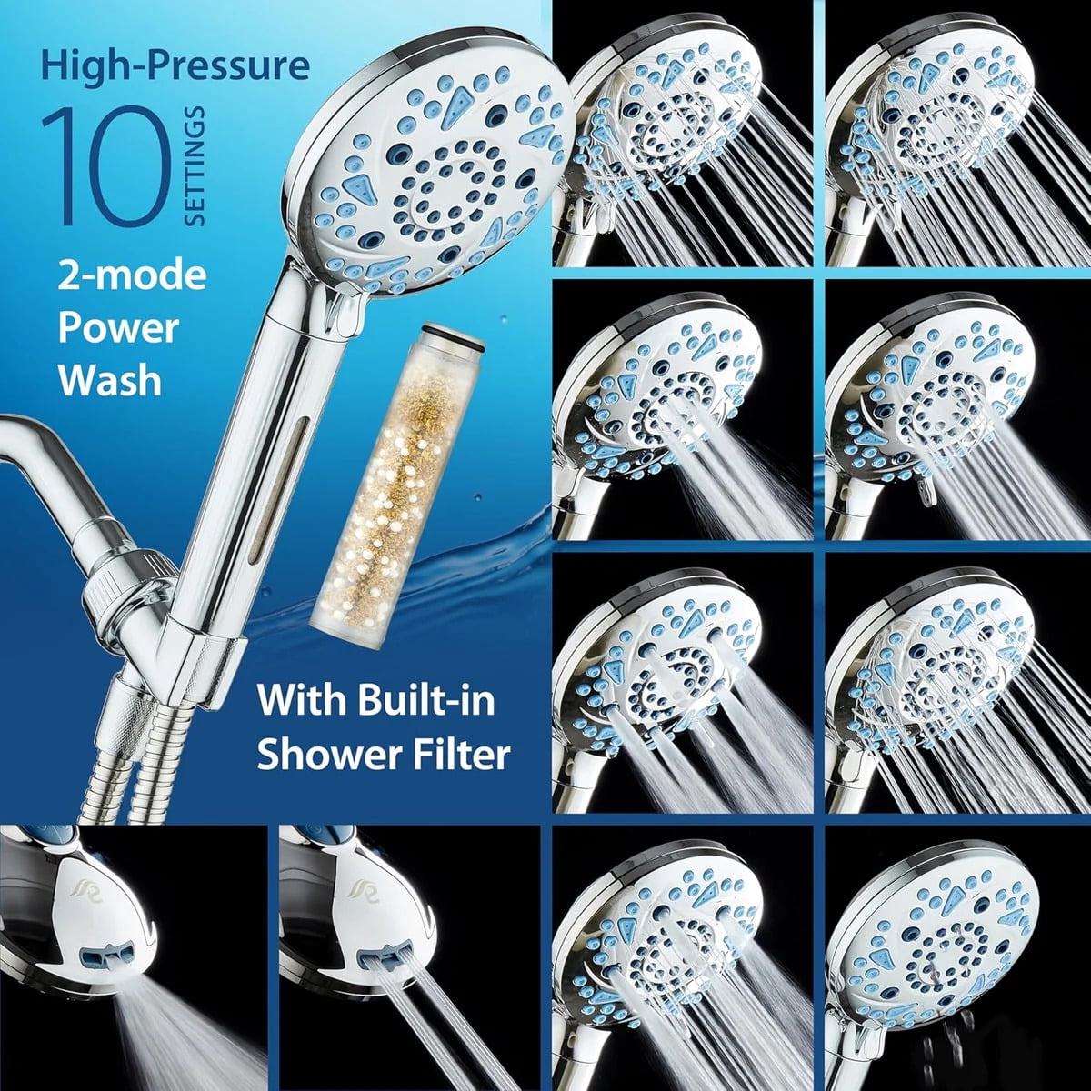 AquaCare 3.0 High-pressure 10 setting Luxury Handheld Showerhead with Built-in Shower Filter, 2-mode Power Wash & Antimicrobial Nozzles
