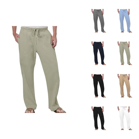 Linen Pants Men Spring Summer Elastic Waist Straight Leg Loose Fit Breathable Casual Beach Pants with Pockets