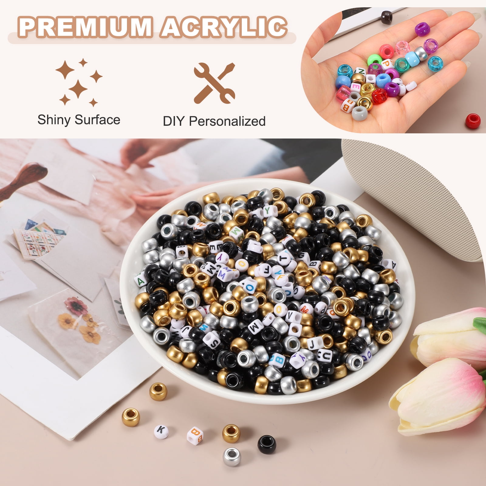 Uxcell 1000 Pcs Pony Beads 6 x 9 mm Acrylic Friendship Bracelet Making Kit with Letter Bead, Gold/Silver