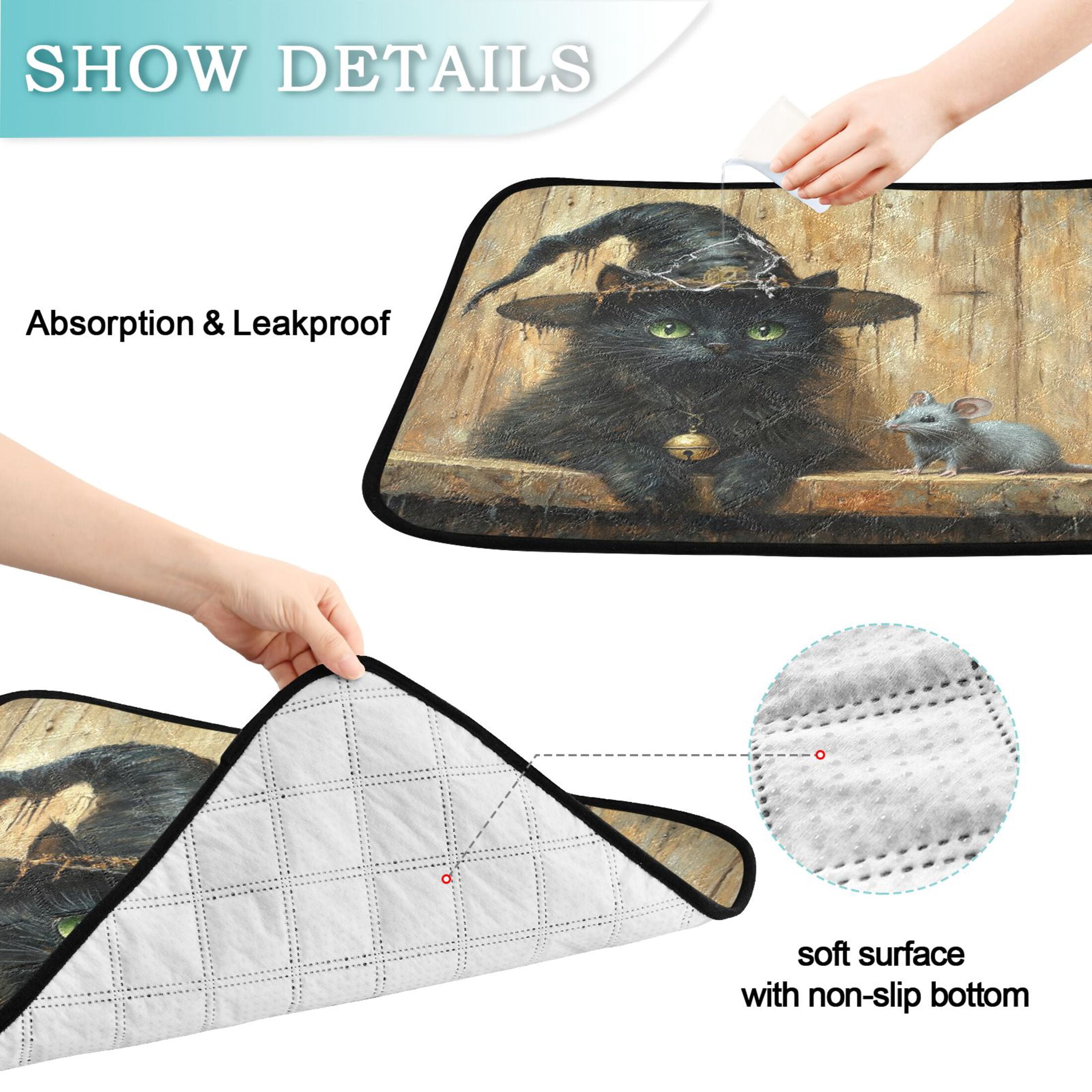 Qxltty Black Cat Meet Gray Mouse Cat litter Pads Pet Set of 3 Diaper Mats Center Anti-leakage Layer Absorbent Soft and Comfortable
