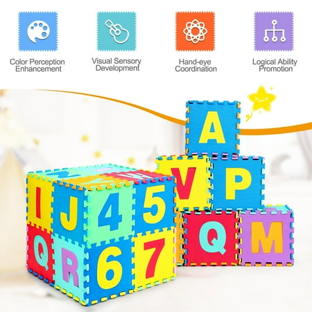 Costway Kids Foam Interlocking Puzzle Play Mat w/Alphabet & Numbers 72-Piece Set - Multi-Color