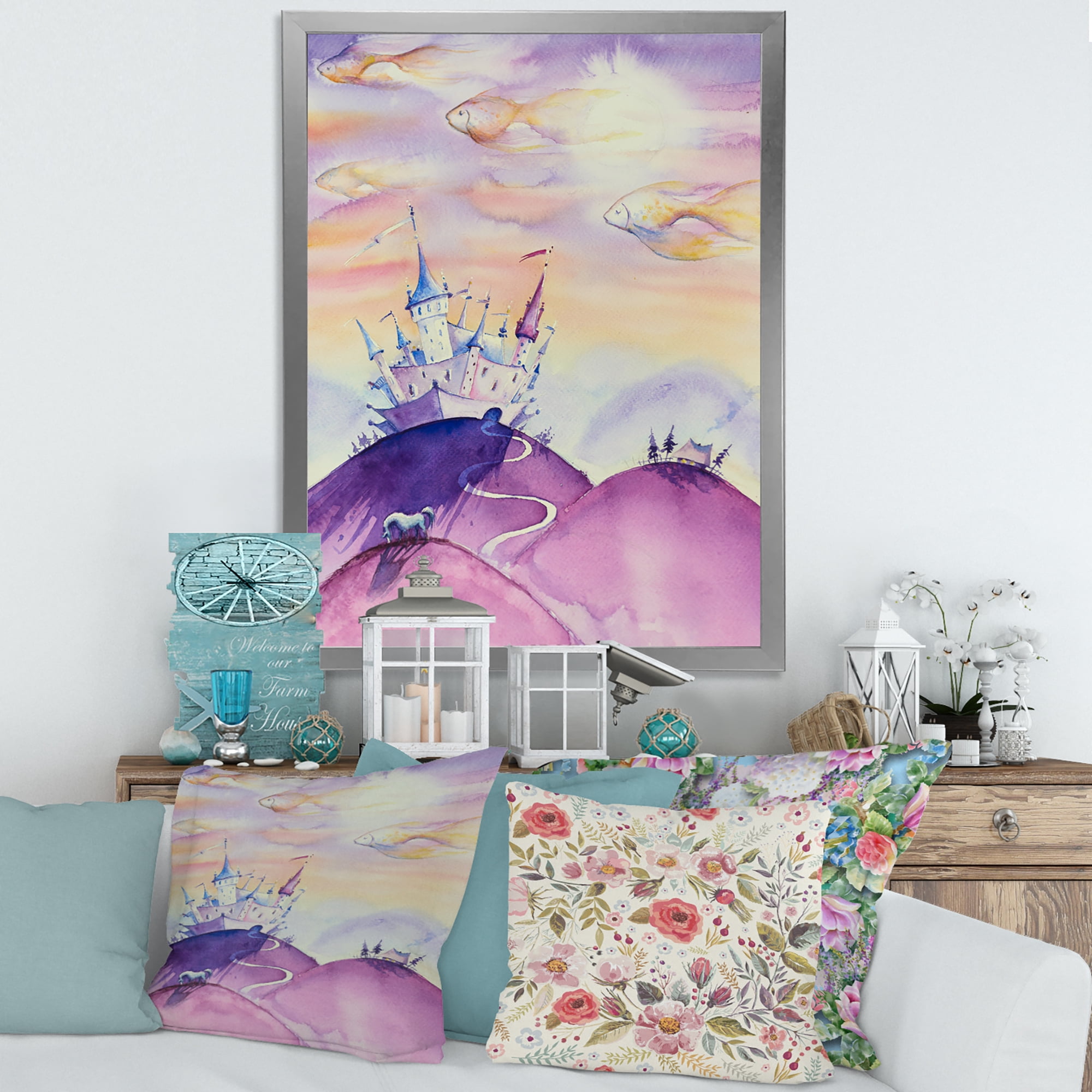 Designart 'Fairy Tale Kingdom Palace On Purple Mountain Top' Children's Art Framed Art Print