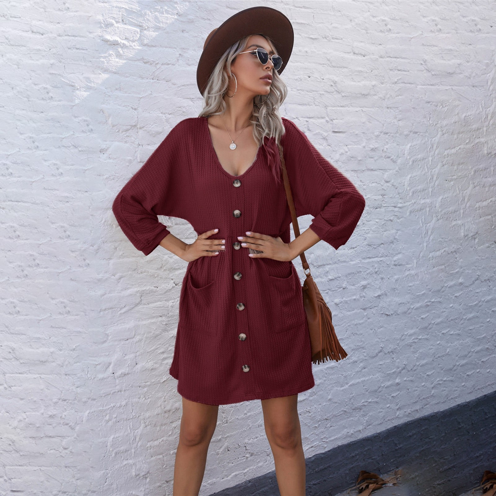 Fulijie Summer Dresses for Women 2022 Women's Fashion V-Neck Buttoned Pockets Loose Long Sleeve Big Knit Dress Skirt for Women Plus size, Size: XL,