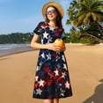 thumbnail image 4 of Fotbe Red Blue White Stars Vestido Largo de Moda para Mujer, Vestido Tipo Camiseta con Manga Corta y Estilo Casual a Rayas y Bloques de Color, 4 of 6