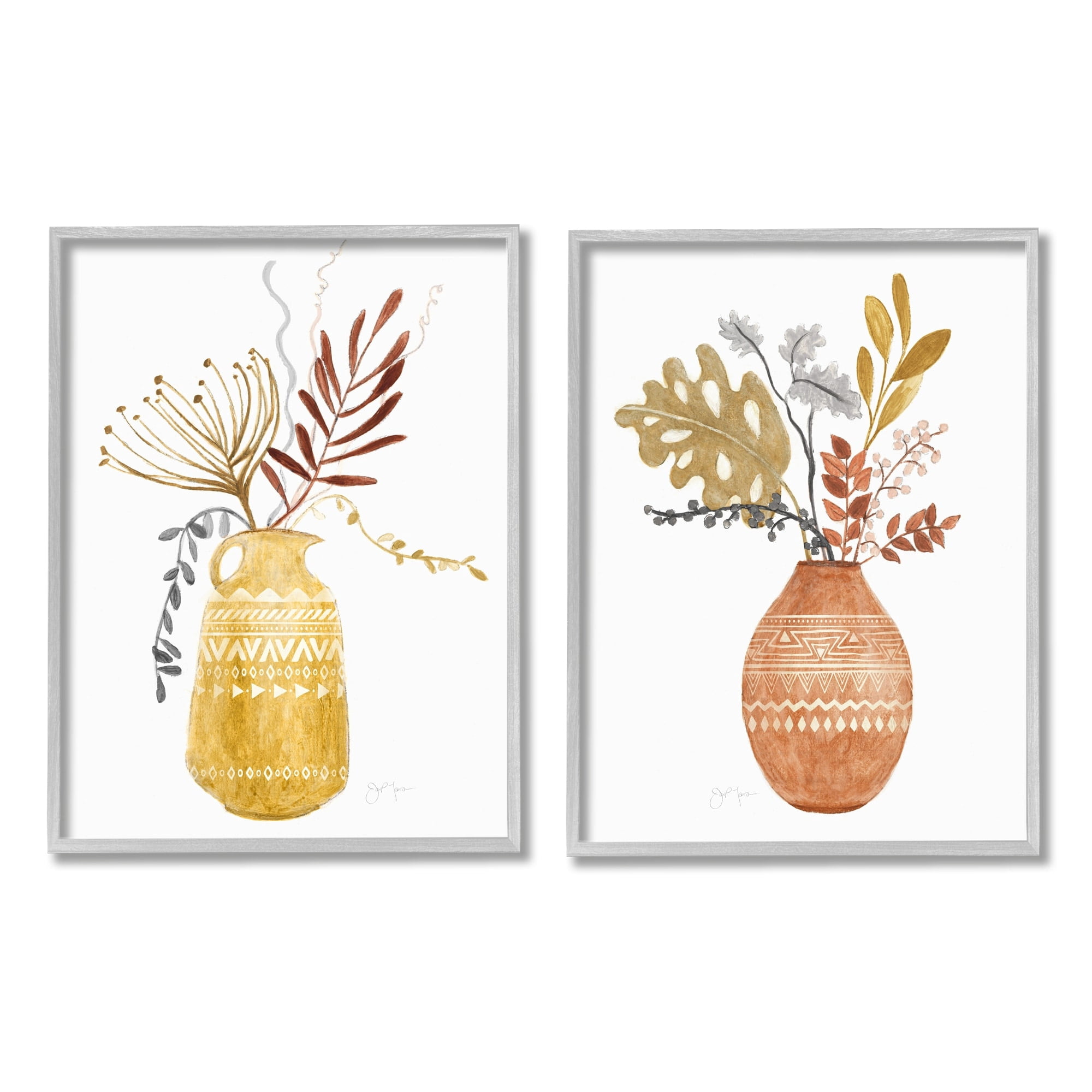 Stupell Industries Boho Wildflower Botanical Arrangements Aztec Patterned Vases,11 x 14, Design by Tava Studios