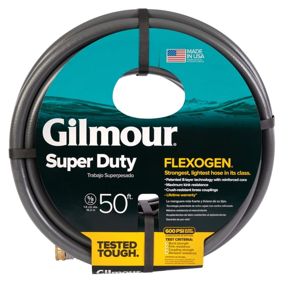 Gilmour Heavy-Duty Garden Hose, 5/8" x 50', 600 PSI, 8-Layer Construction, Kink-Resistant Design with Brass Couplings