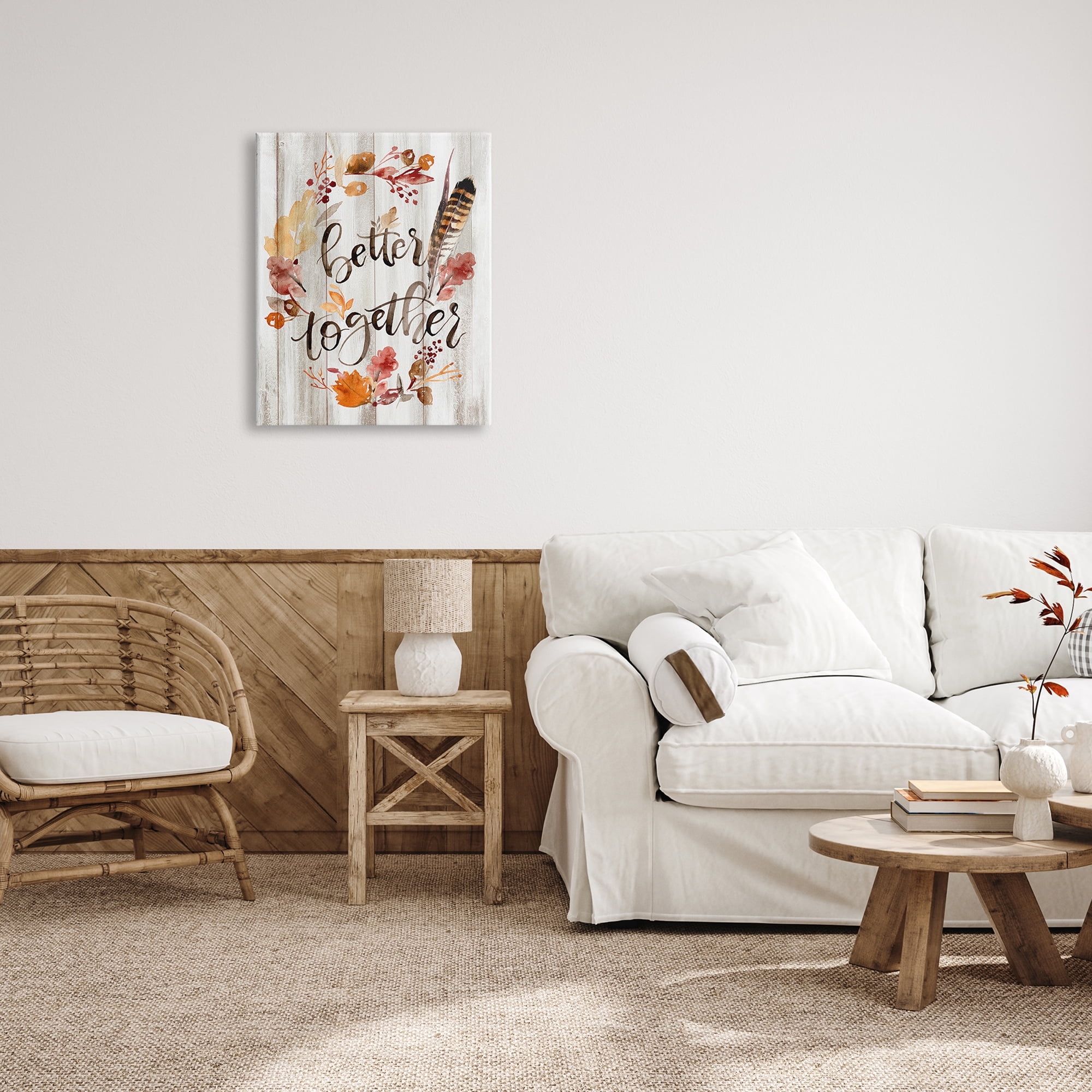 Better Together Rustic Boho Calligraphy Feather Plants Botanical & Floral Graphic Art Gallery-Wrapped Canvas Print Wall Art