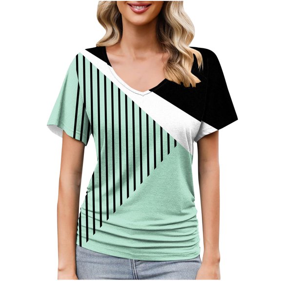 Short Sleeve Shirts for Women, Womens Casual V Neck Tops Loose Fit Color Block Shirts Short Sleeve Striped Button Down Tees Blouses for Summer
