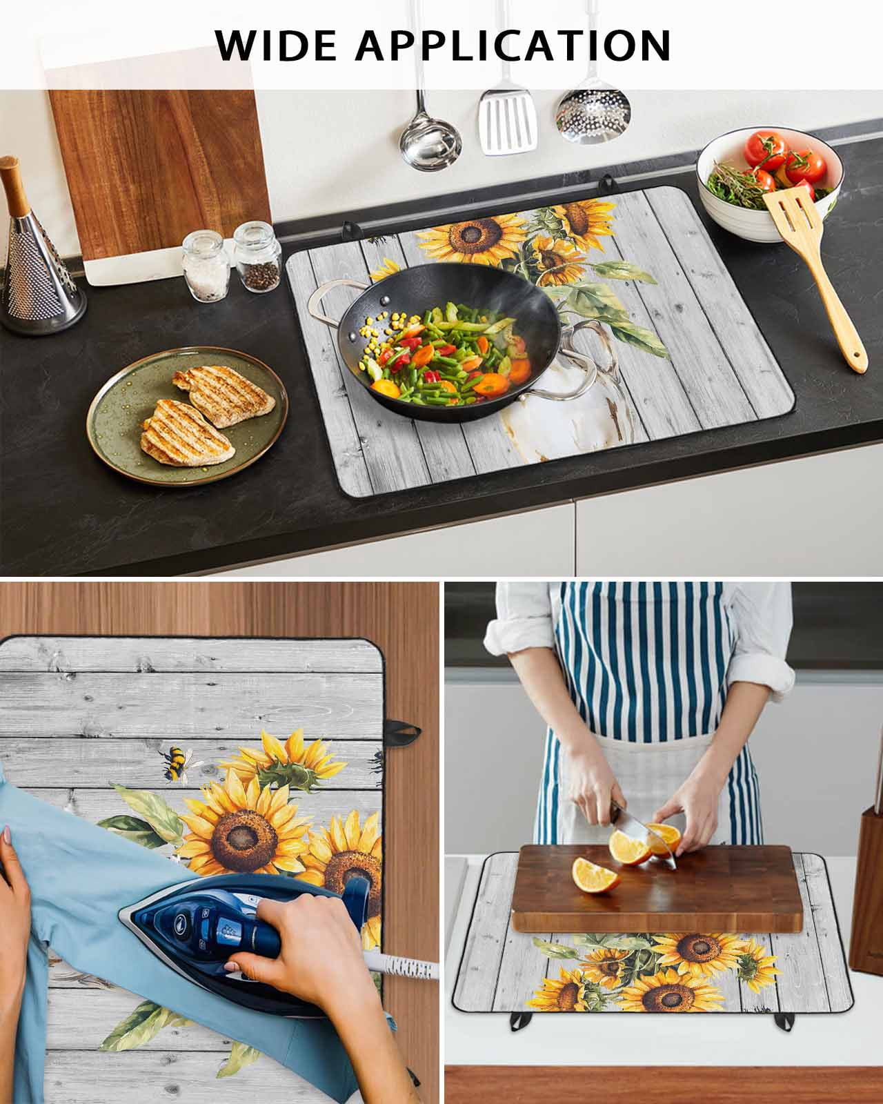 nqOlkjepod Large Induction Cooktop Protector Mat 31"x24", Yellow Sunflower Stove Top Covers for Electric Stove, Country Floral Grey Barn Wood Grain Stove Burner Cover Mats, Glass Top Stove Cover