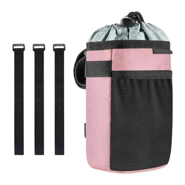 Portavasos para bicicleta, bolsa para botella de agua con bolsillo de malla para manillar de bicicleta Rosa