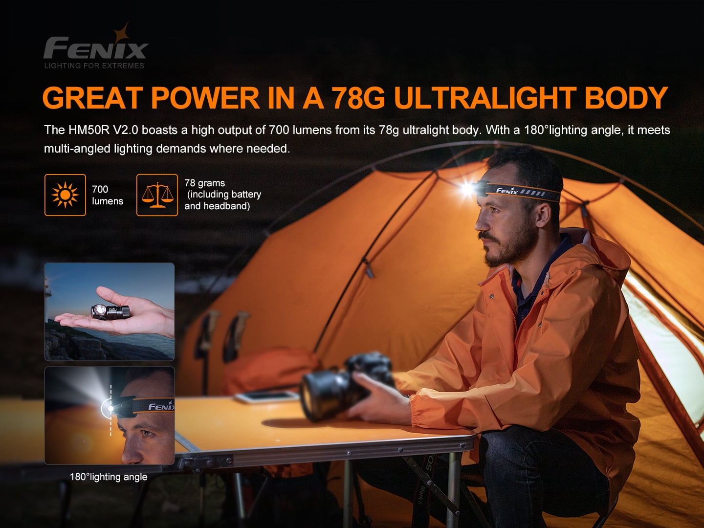 Fenix HM50R v2.0 Headlamp, 700 Lumen USB-C Rechargeable Lightweight with Red Light and Lumentac Battery Organizer
