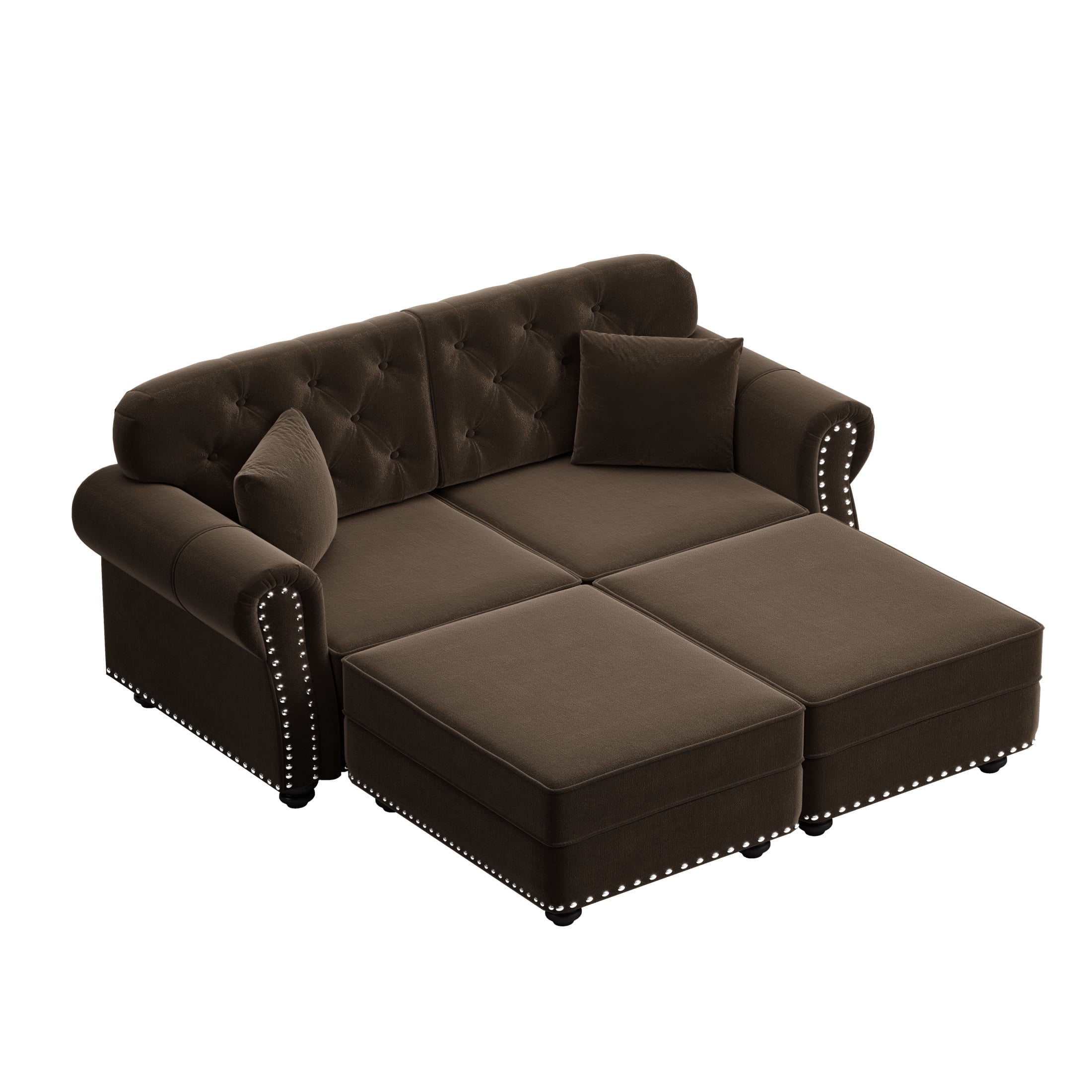 Noble House Kieran 2-Seater Velvet Chesterfield Sofa, Modern Tufted Armchair with Nailhead Trim and 2 Ottomans, Brown